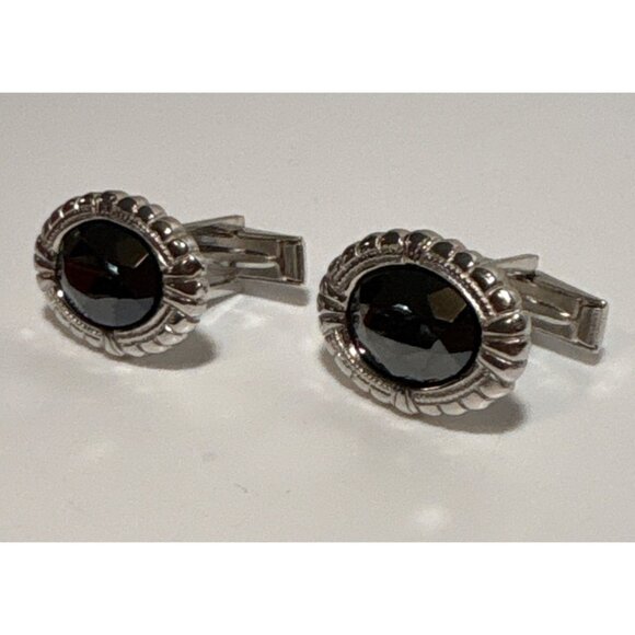 Vintage Silver Tone Black Onyx Cufflinks Oval Fathers Day Intricate Details - Picture 1 of 5
